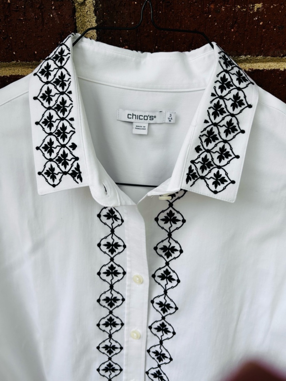 Chicos Size 3 Button down wrinkle free white shirt black embroidery 16 plus BOHO - Picture 2 of 6